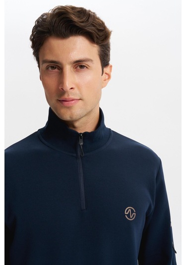 Arma Erkek Slim Fit Dik Yaka Yarım Fermuar Pamuklu Sweatshirt Sol Kol Fermuar Cepli K30404685702 Lacivert