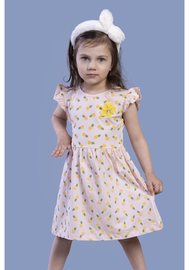 Toontoy Kız Çocuk Komple Ananas Baskılı Çiçek Aksesuarlı Elbise Pudra