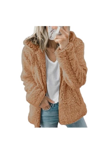 Kürklü Kapüşonlu Kabarık Peluş Kadın Mont - Kahverengi