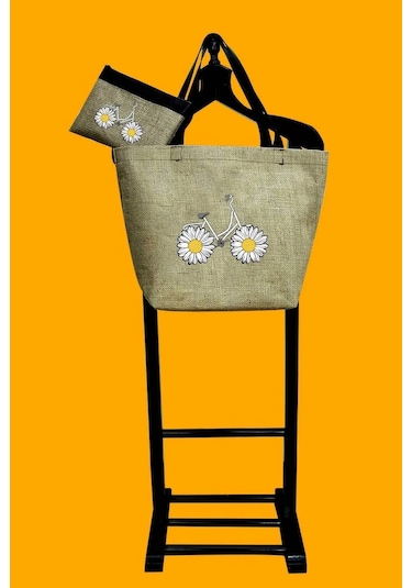 Papatya Baskılı Deri Saplı Hasır Kumaş Baskılı Plaj Çantası Açık Kahverengi