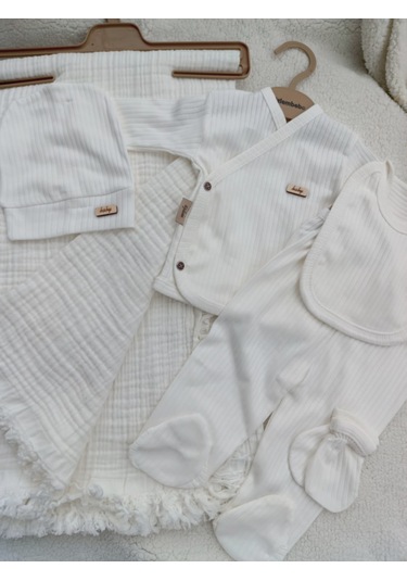 Kız Erkek Bebek 4 Kat Müslin Battaniyeli Ekru 6'lı Hastane Çıkışı Ekru