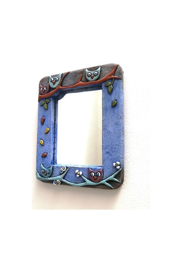 Özel Tasarım Baykuş Süslemeli Seramik Çerçeve Ayna 14.5 X 10 Cm Çok Renkli