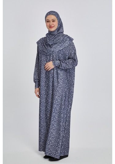 Pratik Tek Parça Çiçek Desenli Namaz Elbisesi Lacivert