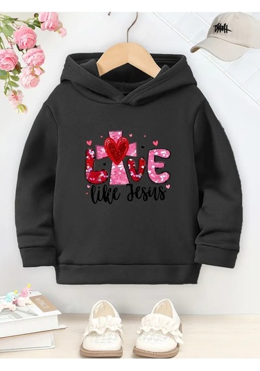 Kışlık Kapüşonlu Sweatshirt, Çocuk Love Like Jesus Baskılı SiYAH