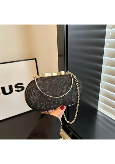 Willowhaven Siyah Parlak Klaket Çanta Kadın Gece Çantası Dayanıklı Altın Zincirli Siyah
