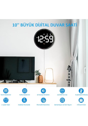 10'' Akıllı Dijital Duvar Saati Led Ekran Uzaktan Kumanda Alarm Siyah