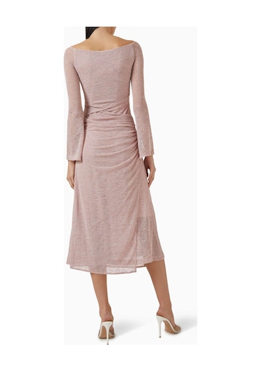 Eegen Studio Boat - Neck Midi Elbise - Rib - Knit, Uzun Kol & Toplanmış Bel Pembe