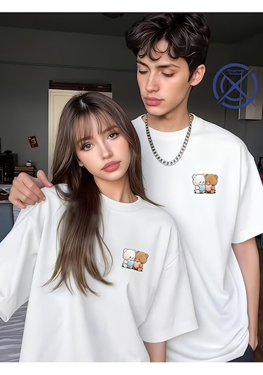 Nevermind Sevgili Kombini Tişört 2 Li Set Ayıcık Baskılı Unisex Çift Tişört Beyaz