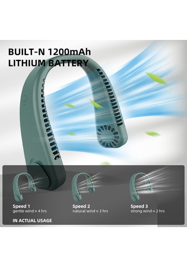 Padalink Yeşil Boylu Boyun Bağlı Fan - 360 Soğutma, Usb Şarjlı, Sessiz, Taşınabilir, Yaprak Yok, Spor Ve Seyahat İçin