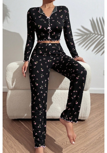 Merry See Baskılı Özel Kumaş Pijama Takımı Siyah
