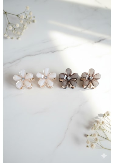 Çiçek Şeklinde Metal Toka, Metal Klipsli Renkli Çiçek Toka 4 Adet Pudra - Siyah