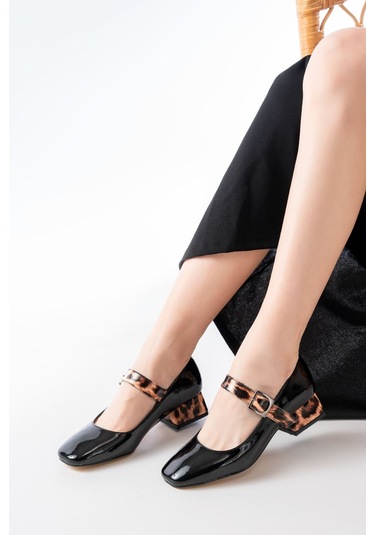 St-006 Siyah Leopar Rugan Günlük 4 Cm Topuklu Bayan Ayakkabı Renksiz