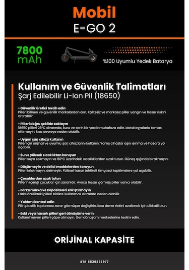 Mobil Urban E-go 2 / 36v 7800mAh Elektrikli Scooter Bataryası