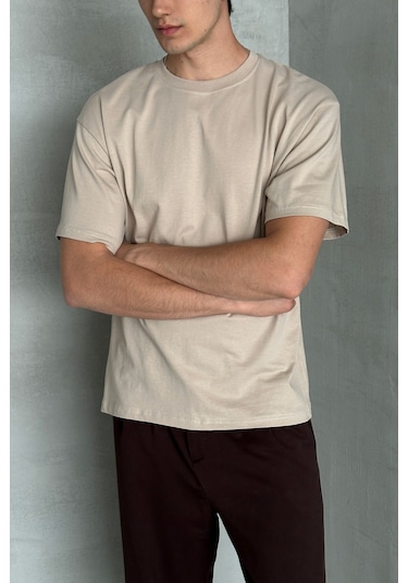 Hyman Erkek %100 Pamuk Oversize Basic T-shirt Bej