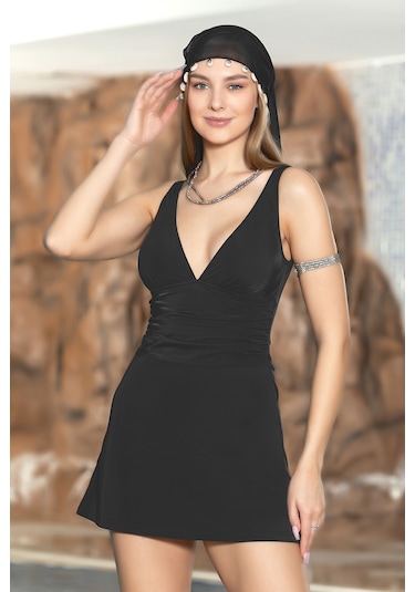 Şortlu Elbise Mayo Etekli Mayo Yüzücü Mayo 1906-01 Siyah Siyah