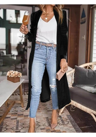 Kadın Uzun Kollu Önü Açık Kolları Uzun Midi Ceket Siyah