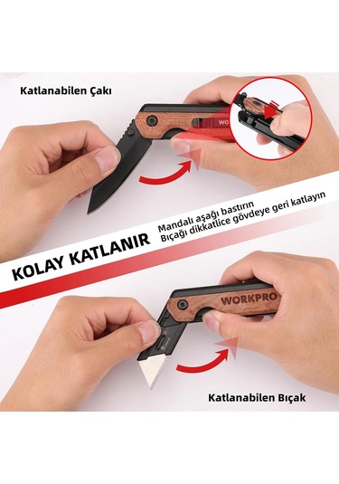 Workpro Wp211015 2-ın-1 Ahşap Saplı Profesyonel Cep Çakısı & Katlanır Rötuş Maket Bıçağı + 11 Adet Y