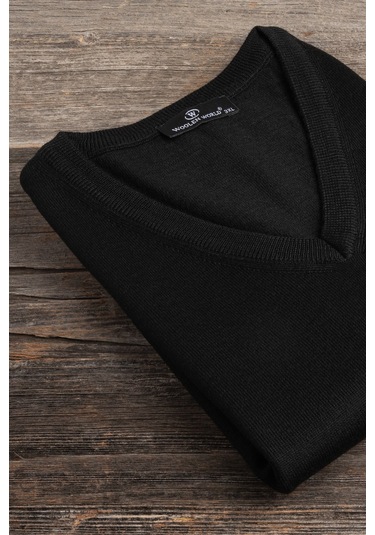 V Yaka Battal Büyük Boy Yünlü Kolsuz Triko Süveter Siyah