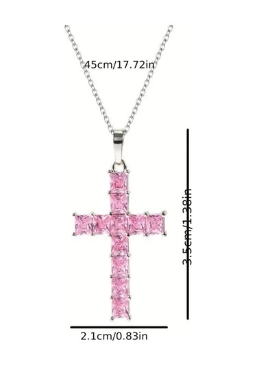 Müstesna Jwl Zirkon Taşlı Istavroz Haç Kolye Pembe Gümüş