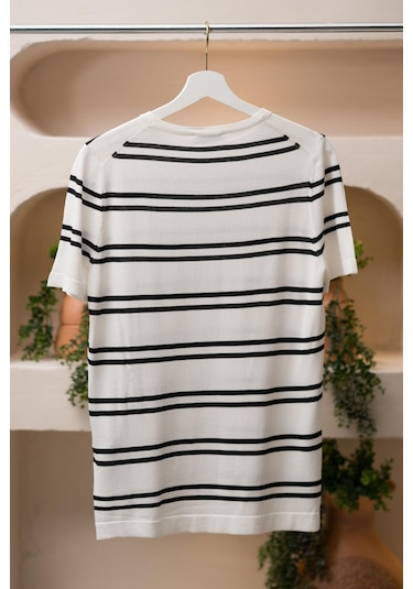 San&fa Bisiklet Yaka Çizgili Rayon Kumaş Slimfit T-shirt Beyaz