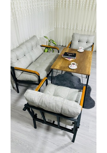 Madame Home Kadife Balkon, Bahçe,teras,cafe - Salon - Metal Kanepe Koltuk Takımı - 2+1+1 + Masa Açık Gri