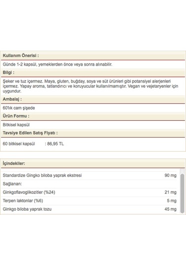 Solgar Ginkgo Biloba Leaf Extract 60 Kapsül