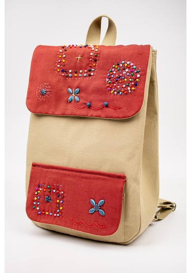 Fabric Craft Bag Sırt Çantası Kumaş Boho Nakışlı Koyu Bej - Bordo