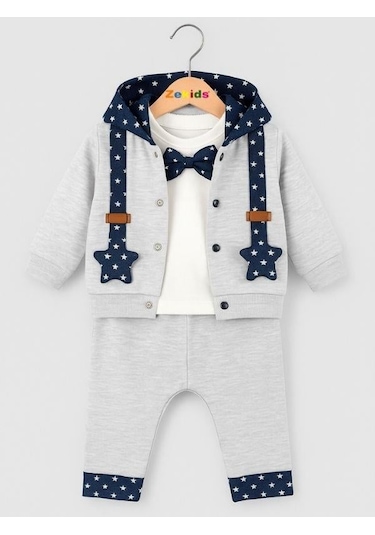Erkek Bebek Papyonlu Hırkalı 3'lü Eşofman Takımı-16286 Gri