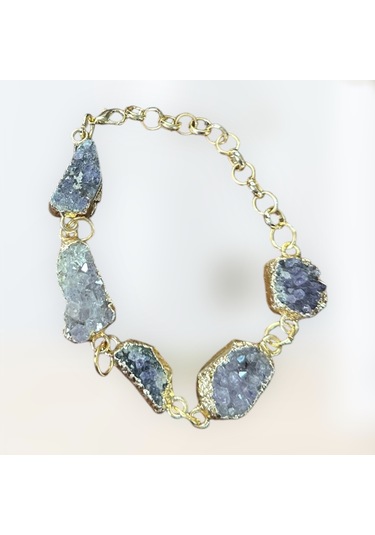 Altın Varak Kaplama El Yapımı Tasarım Doğal Taş Ametist Bileklik / Bilezik Altın - Gümüş