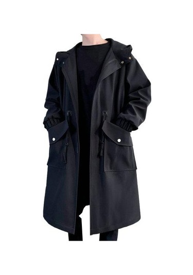 Erkekler Trençkot Kapşonlu Gevşek Orta Uzunlukta Büyük Cepler Uzun Kollu Rüzgar Geçirmez Düz Renk Fermuar Kapatma Kırışıklık Karşıtı Elastik Manşet Street... Siyah