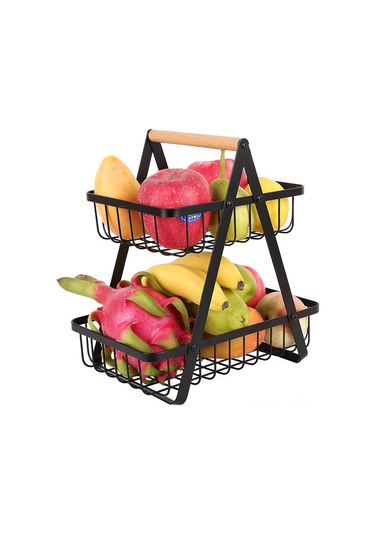 Geeroyoo Karbon Çelik Mutfak Ve Salon Depolama Sepeti, Ahşap Kollü İki Katlı, Meyve, Ekmek Ve Atıştırmalık Taşıma İçin Dayanıklı Tasarım Fruit Basket Çift Siyah