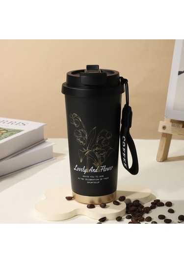 Net Kırmızı Yüksek Değerli Erkekler Ve Kadınlar Soğuk Kahve Fincanı Açık Araba Paslanmaz Çelik Çift İçecek Termos Fincan Hediye Çift İçecek Kahve Fincanı 500ml Siyah Zambak Orkide