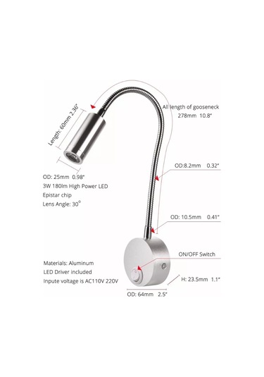 Kangvka Alüminyum Gölgelik 3w Led Duvar Lambası - Esnek Kapatma Fonksiyonu, 7.5x7.5x29 Cm Siyah