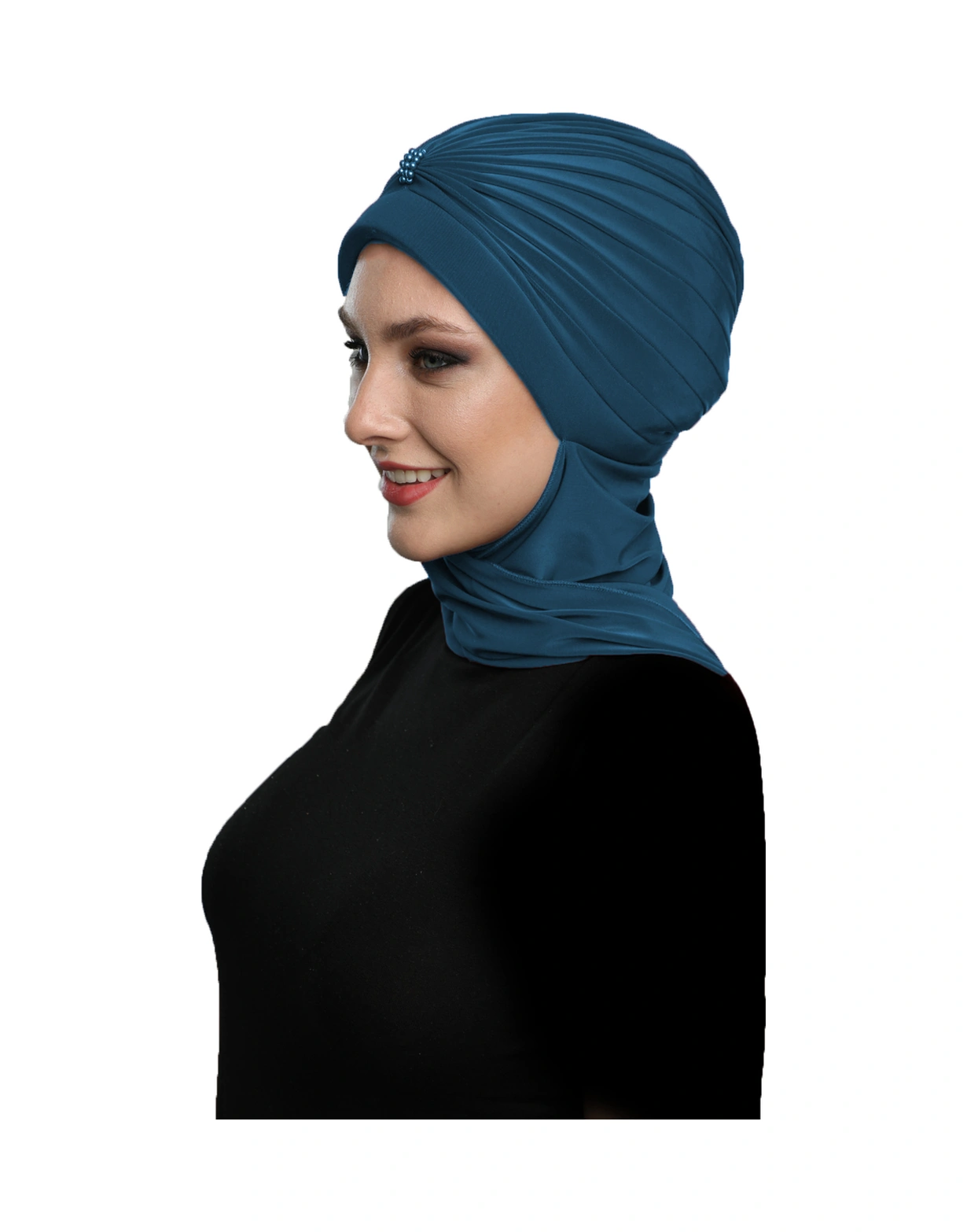 Incili Atkılı El Işi Inci Işlemeli Petrol Hazır Türban Tesettür Bone Petrol