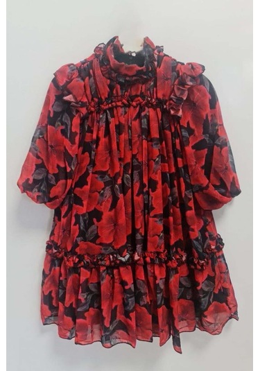 Riccotarz Kız Çocuk Yakası Ve Omuzları Fırfır Detaylı Çiçek İşlemeli Pliseli Kırmızı Elbise Kırmızı