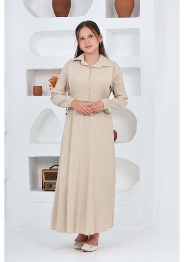 Kız Çocuk Uzun Boy Gofre Kumaş Jile & Elbise İki Parça Takım Astarlı Zarif Set-4948 Bej