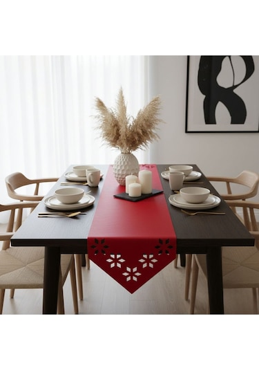 1 Adet Deri Runner-40x140 Cm-çiçek Desenli Runner Kırmızı