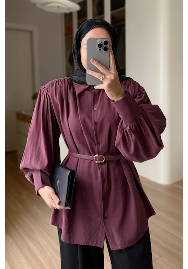 Kahijab Kemerli Vatkalı Gömlek - Mürdüm
