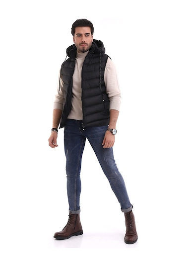 Everest Jel Dolgu Çıkartılabilen Fermuarlı Kapüşonlu Erkek Şişme Yelek Siyah