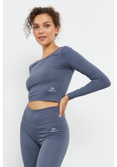 Tommy Life Petrol Uzun Kollu Dar Kalıp O Yaka Kadın Crop Top T-shirt - 97150 Petrol