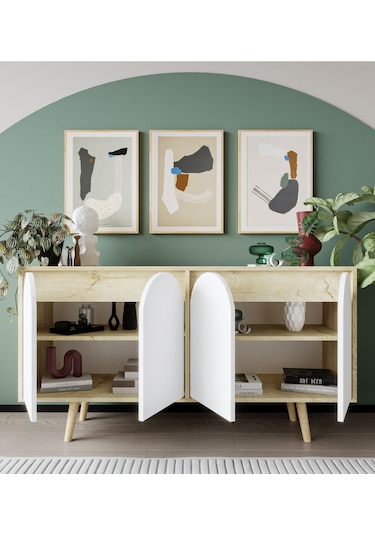 Venezia Ahşap Ayaklı Bohem Konsol Safir Meşe Gövde -beyaz Kapak 150 Cm