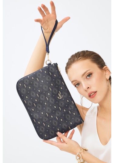 Deri Company Kadın Basic Clutch Çanta Monogram Desenli Lacivert 214002 Bej - Lacivert