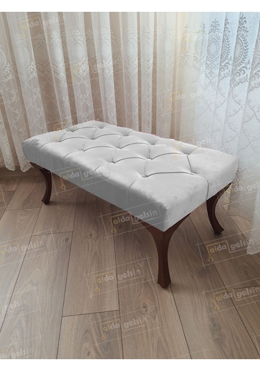 Kapitoneli Ayak Ucu Kapı Önü Antre Bench Puf Ceviz Ayak 110 45 Beyaz