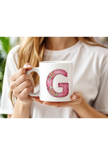 G Harfli Retro Çiçekli Kupa Bardak - Patchwork Tarz Yamalı Desenli İsme Özel Kupa - Hediye 07 Beyaz