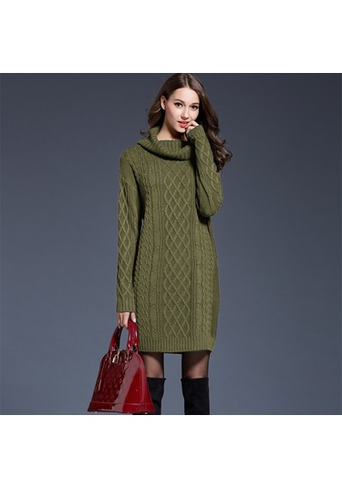 Sones Sonbahar Ve Kış Örgü Elbiseler Uzun Balıkçı Yaka Kazak Kadınlar İçin Ordu Yeşili