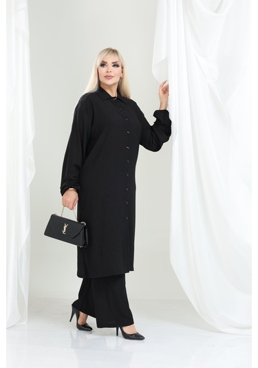 Bürümcük Gömlek Yaka Tunik Takım Düğmeli Tesettüre Uygun 2xl 6xl Siyah