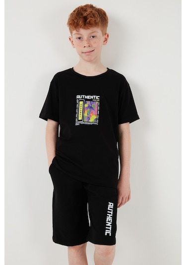 Lela Pamuklu Regular Fit Bisiklet Yaka Şortlu Alt-Üst Erkek Çocuk Takım 6212011 Siyah