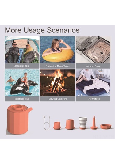 Yifomall Portatif Kablosuz Mini Hava Pompa, 5 Uçlu Ağızlı, Inflasyon-deflasyon-vakum, Led Işık, 1600mah Pil, Abs Malzeme, Turuncu 200l/dak Hızlı Akış
