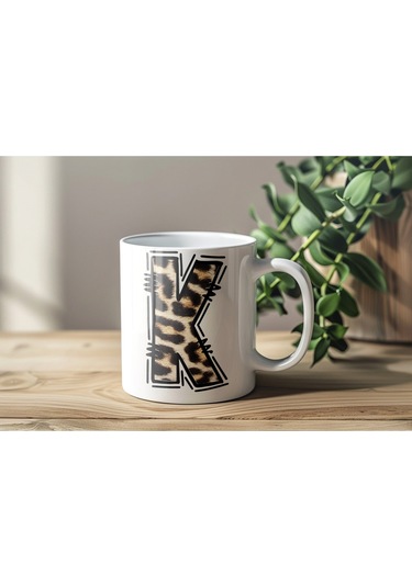 K Baş Harf Leopar Desenli Kupa Bardak - Kişiye Özel Feminen Konsept Hediye - Vahşi Hayvan Desenli Beyaz
