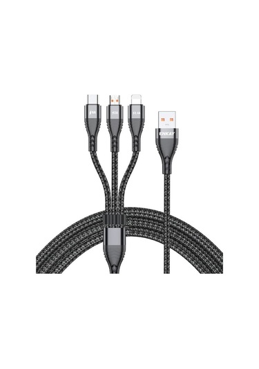 Rogfer Enkay 3'ü 1 Arada 6a Usb - Type-c / 8 Pin / Mikro Usb Çok İşlevli Hızlı Şarj Kablosu, Kablo Uzunluğu: 1m Siyah